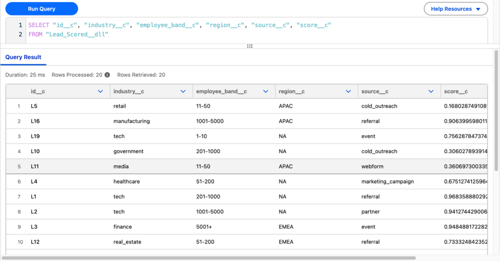 Query results showing Lead_Scored__dll records with score__c values calculated on each lead record.