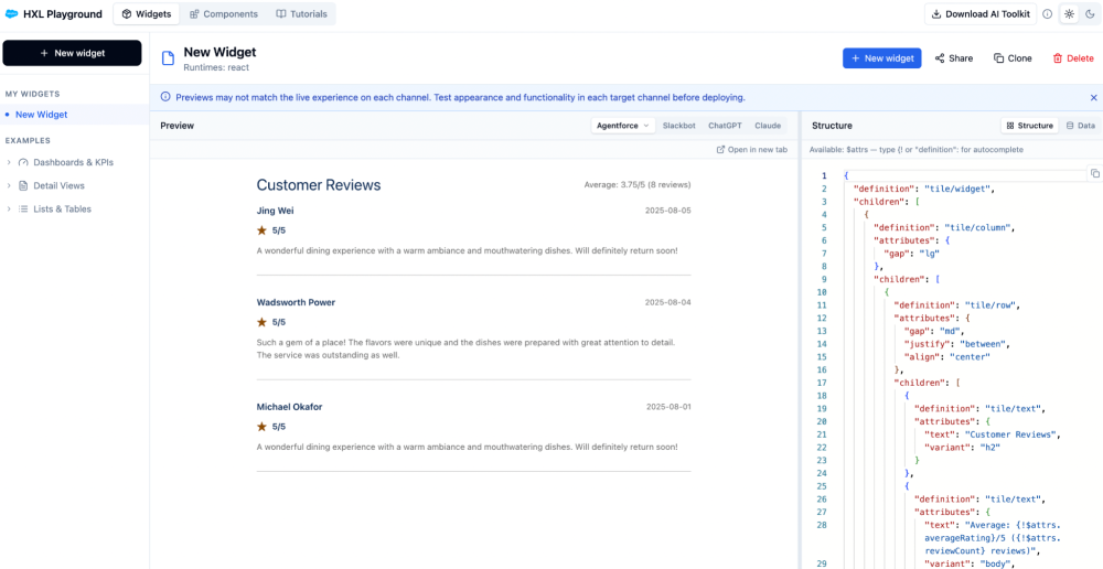The HXL Playground with the customer reviews widget JSON in the Structure tab and a live Agentforce preview of the card, showing an average of 3.75 out of 5 from 8 reviews.