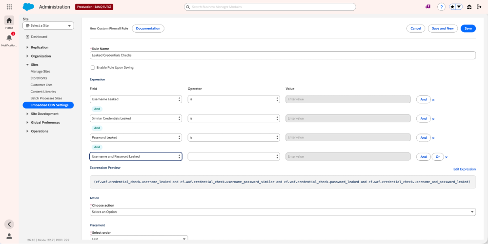 eCDN firewall rule editor showing a Leaked Credentials custom rule expression
