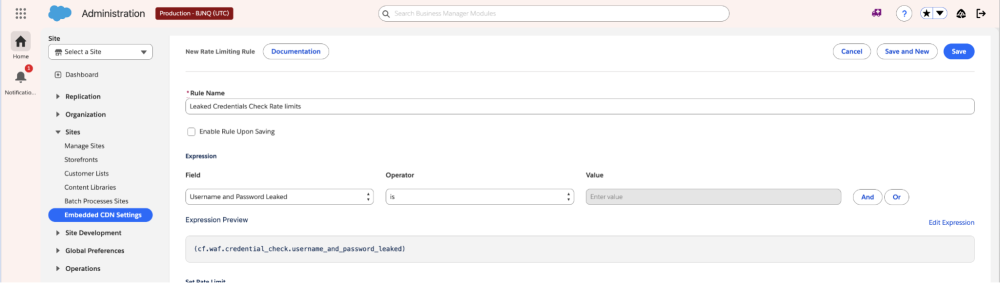 eCDN firewall rule editor showing a leaked-credential rate limit rule expression