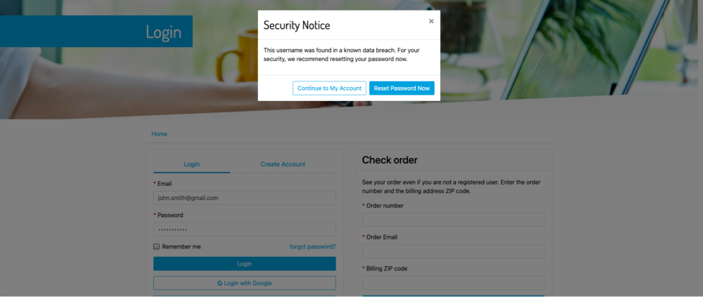 Modal shopper notification to reset password.