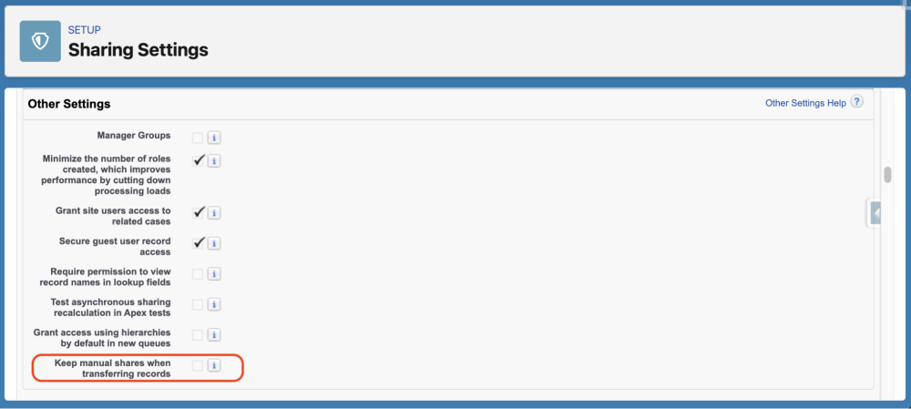 The Sharing Settings page showing the Keep Manual Shares when Transferring Records option.