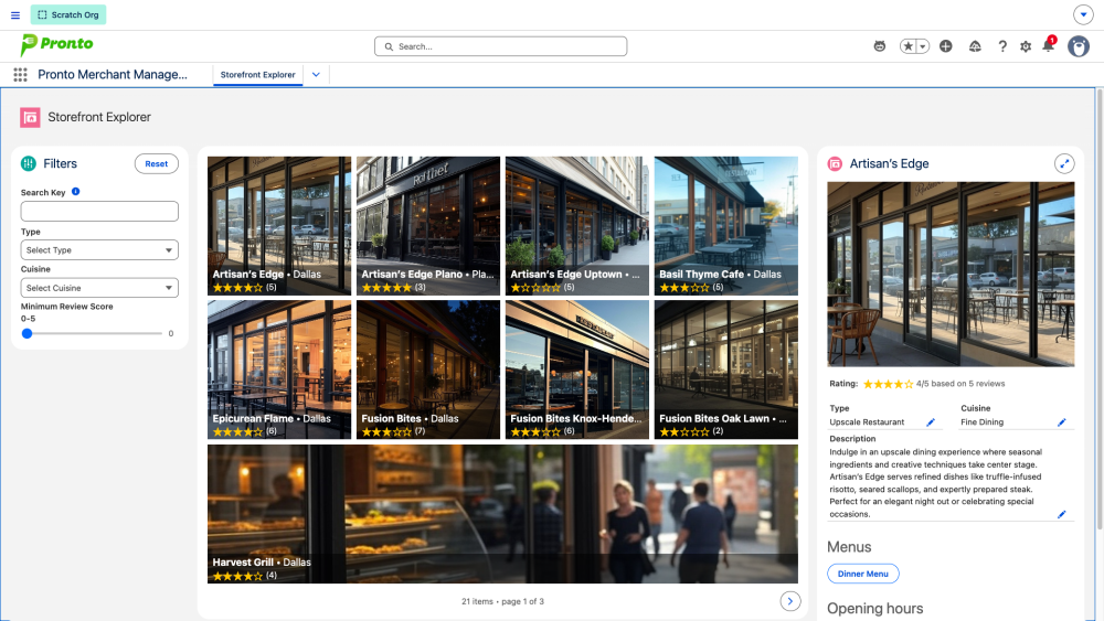 Screenshot of the Storefront Explorer custom page that is part of the Pronto sample app.