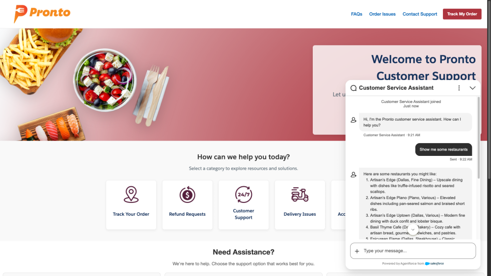 Screenshot of the Pronto customer site with the customer service assistant]
