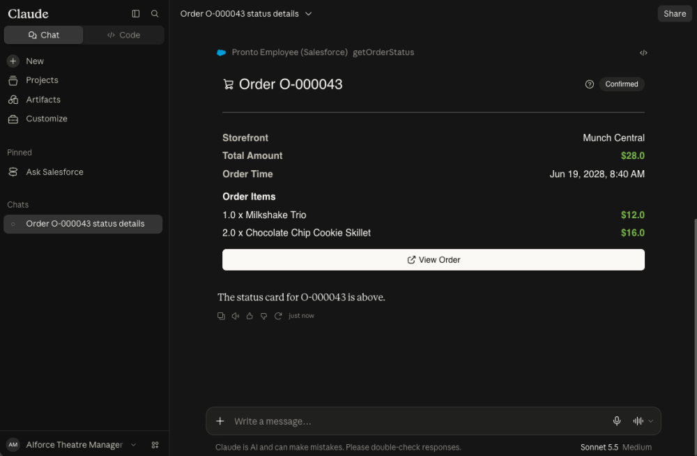 Screenshot of the order status HXL widget rendered in Claude