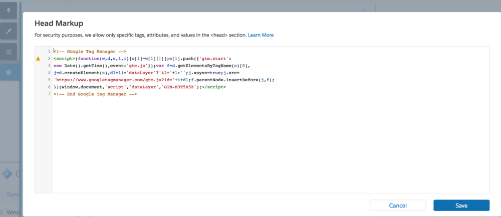 Example of pasted GTM code snippet in Head Markup of Community Builder 