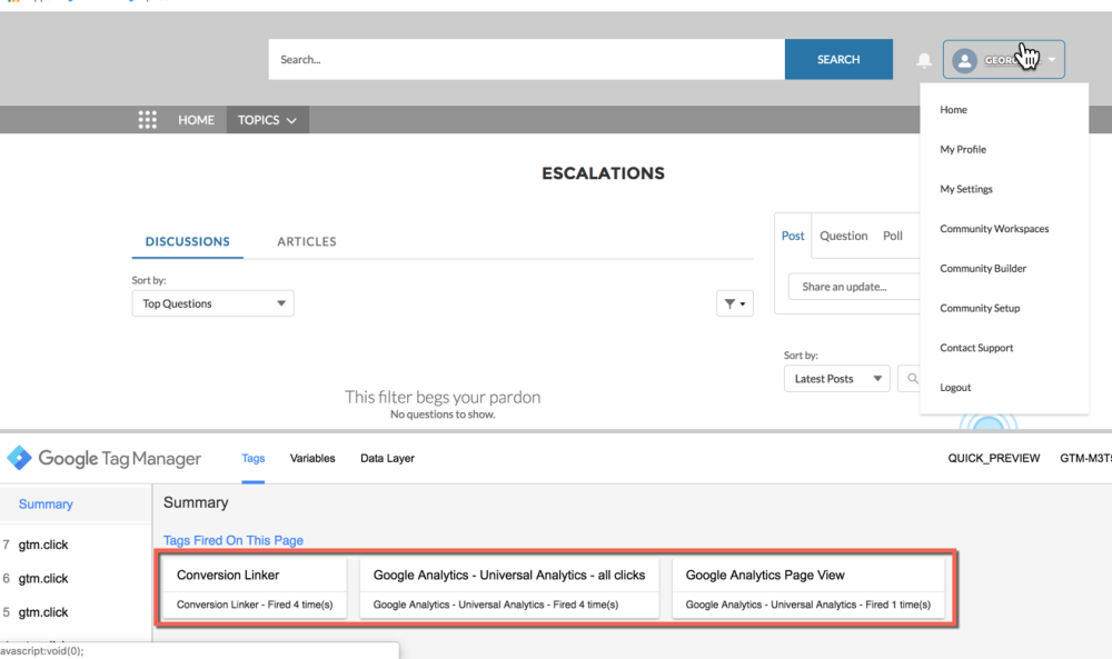 Continue to monitor the GTM debug console for events firing, as you're navigating to different pages