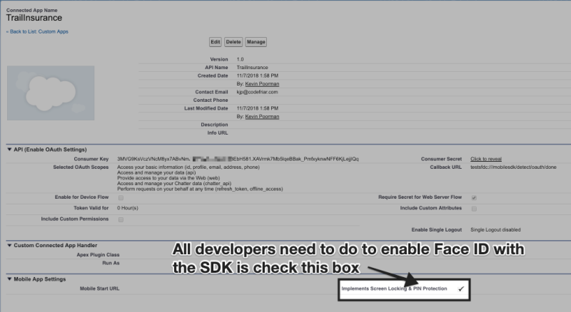 A view of the Connected App “TrailInsurance”. The check box Implements Screen Locking & Pin Protection is checked to enable Face ID.