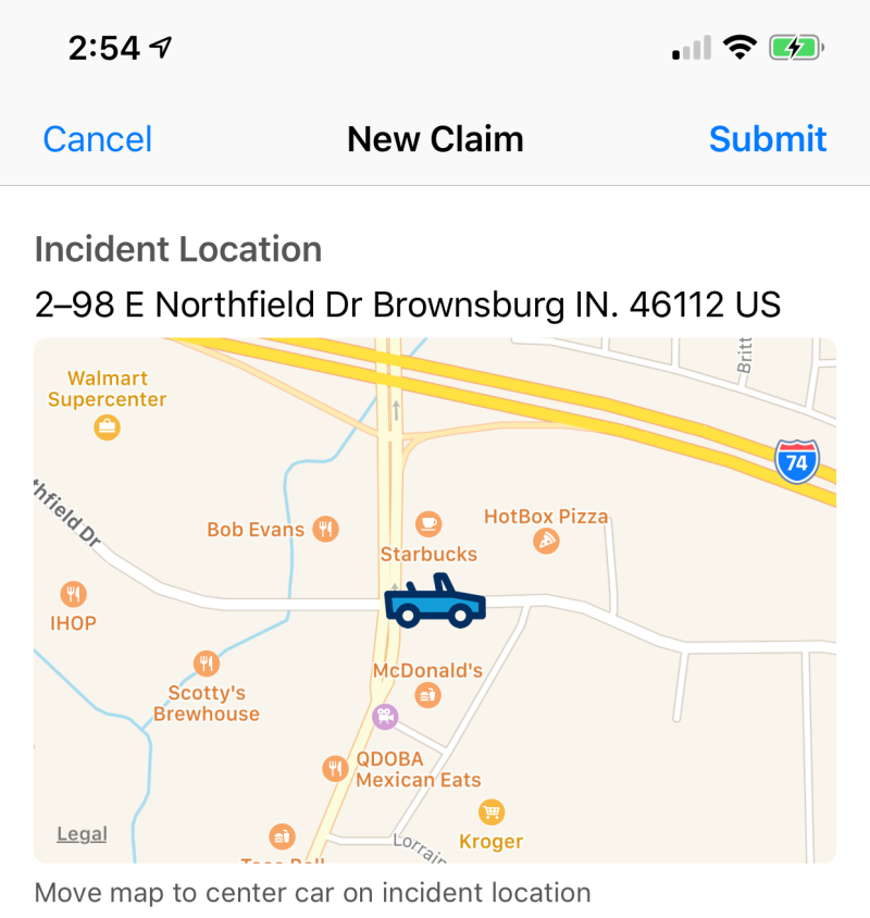 Screenshot of the app highlighting the map that can be dragged beneath the stationary car image.