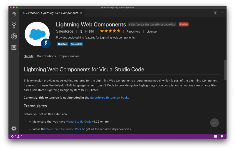 Lightning Web Components extension for VS Code, viewed from the extensions tab.