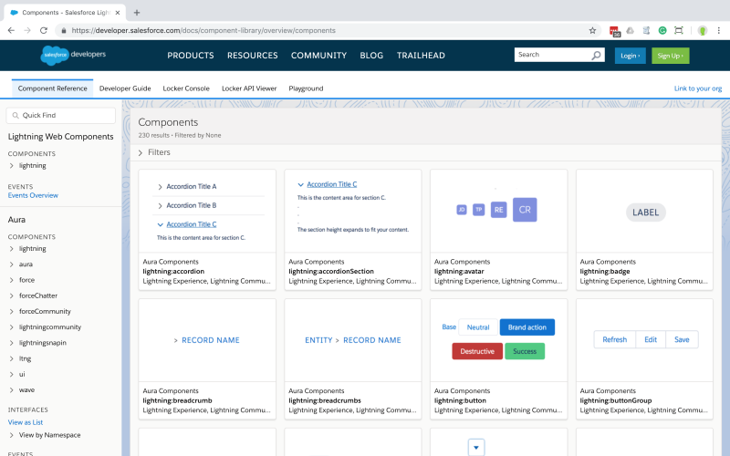 The Component Reference Tab on the Salesforce Developers website.