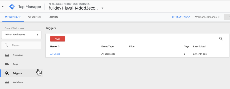 Find and click on “Triggers” in the left menu in the GTM Workspace section