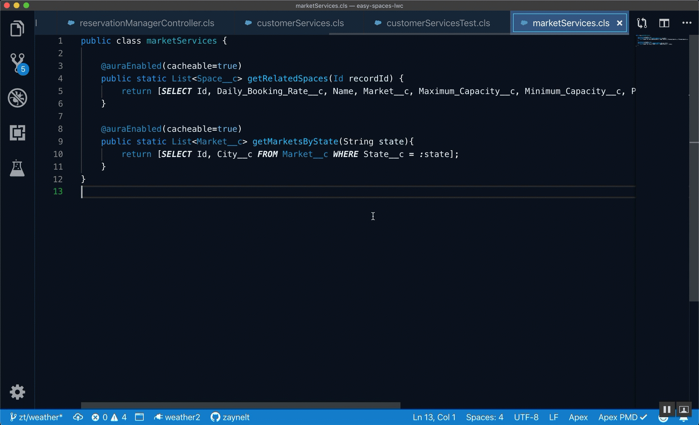 Gif showing different menus shown when user clicks individual parts of an Apex class in VS Code after activating the Developer Inspect TM Scopes functionality.