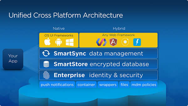 Unified Cross Platform Architecture diagram showing a Native and a Hybrid column