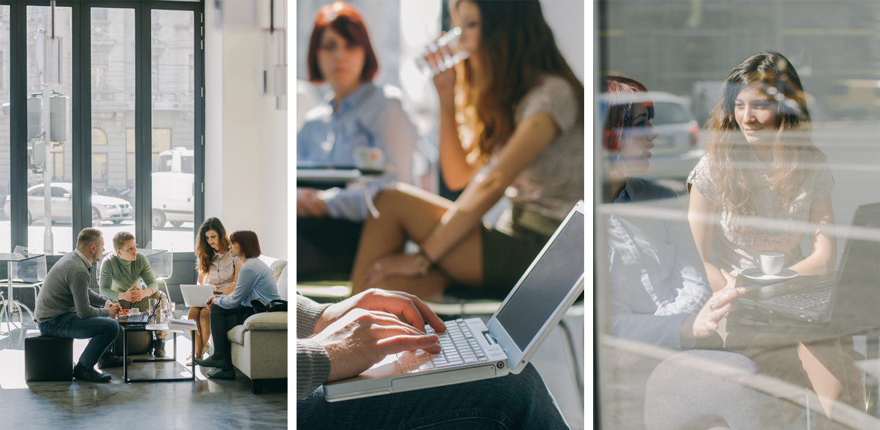 Three stock images - The first is of four people huddled around a desk, the second is a close up of someone typing on a laptop, the third is of two people engaging in discussion