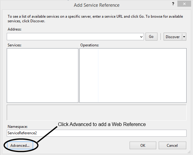 Click Advanced from Add Service Reference to add a Web Reference