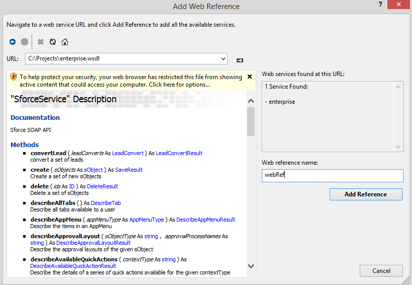 Add Web Reference dialog in Visual Studio 2013.