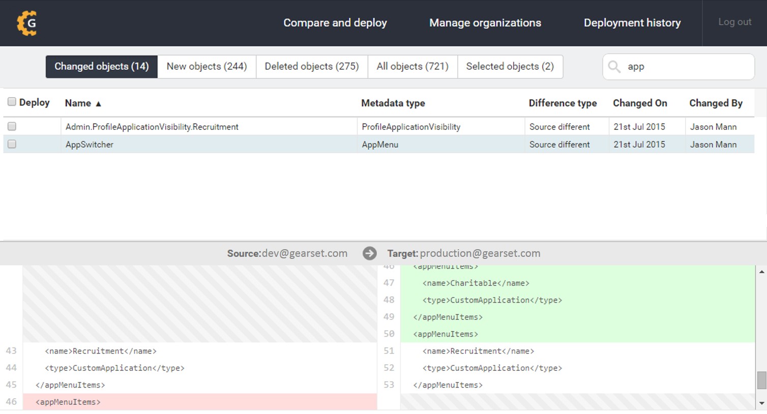 Gearset Deploy code difference viewer makes org comparisons easy