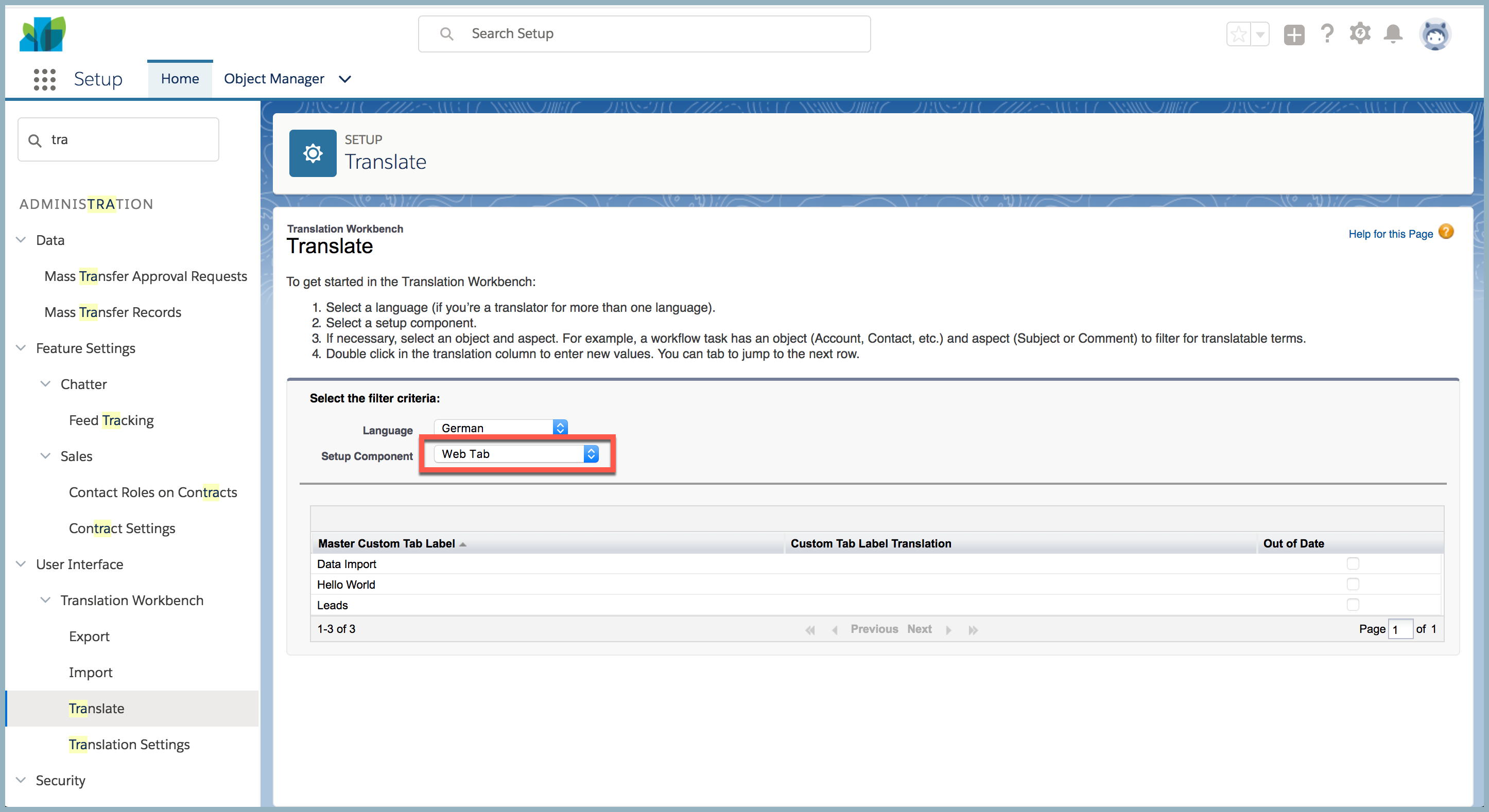 Web tab in Translation Workbench