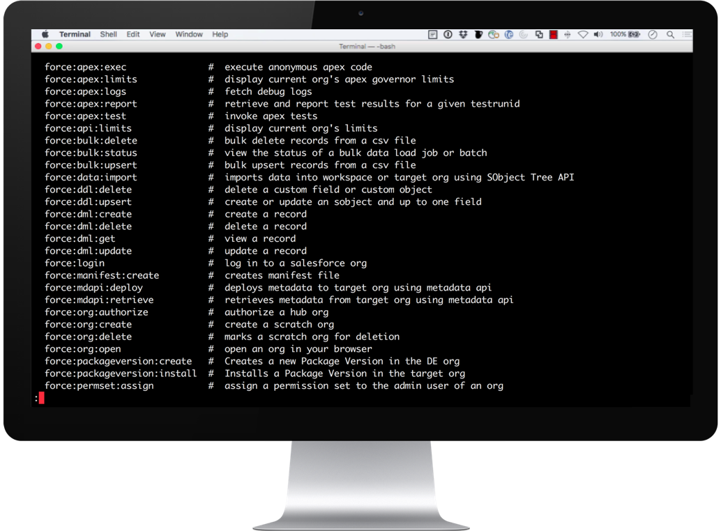 Computer screen with list of Salesforce CLI commands