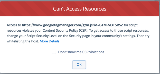 Example notice of CSP violation when in community builder