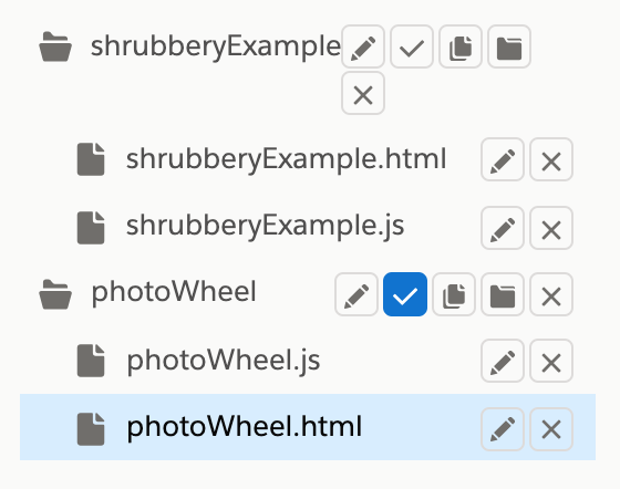 Screenshot of the file structure in the playground to highlight the check box being selected next to the photoWheel component bundle. 