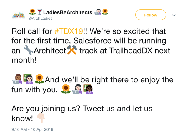 Picture of a tweet from LadiesBeArchitects account, excited about architects at Trailhead